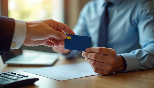 Man in blue shirt receives credit card from bank worker. Businessman gets card for financial transaction. Hand of bank teller gives card to client across wooden desk with calculator and papers.