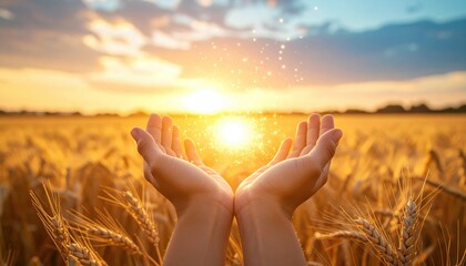 Hands holding glowing sun over golden wheat field at sunset representing hope harvest thanksgiving abundance energy and future sustainability of agriculture