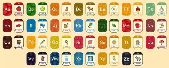 Colorful English alphabet flashcards for kids learning ABCs. Educational alphabet chart with illustrations and vocabulary words for print, preschool, homeschool, kindergarten, nursery, classroom.