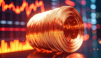 Shiny coil of copper wire representing industrial growth, global economy and renewable energy with stock market graph glowing in dramatic red digital style