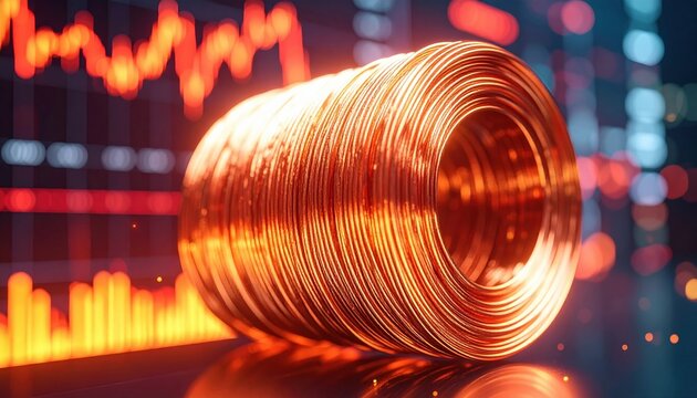 Shiny coil of copper wire representing industrial growth, global economy and renewable energy with stock market graph glowing in dramatic red digital style