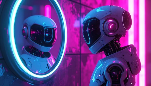 Futuristic robot with neon glow gazes into mirror reflecting self awareness and artificial intelligence evolution in vibrant cyberpunk inspired atmosphere