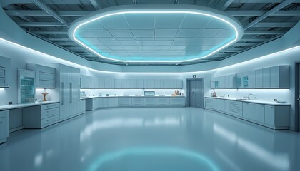 Clean, modern lab interior illustration. A. I. generated image shows bright, spacious room with futuristic design. Space features white cabinets, and soft lighting creates innovative environment.