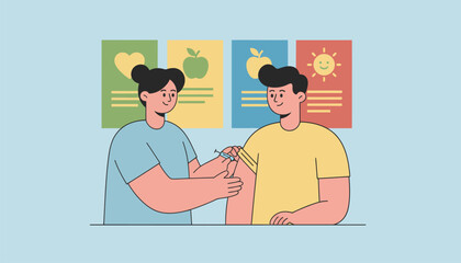 Medical worker administering a vaccine injection to an adult male in a clinic setting, promoting health and disease prevention, with educational posters in the background