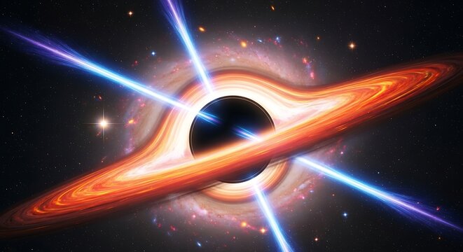 A supermassive black hole with a glowing accretion disk and powerful astrophysical jets. - Powered by Adobe