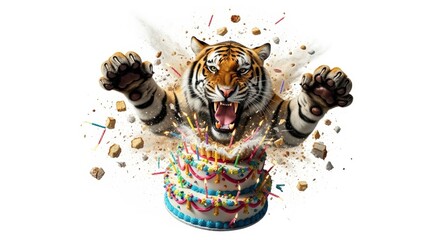 tiger bursting out of a birthday cake on a solid white background, dessert, celebration
