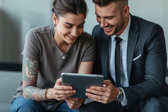 Two coworkers collaborate on tablet blending casual style with professional attire