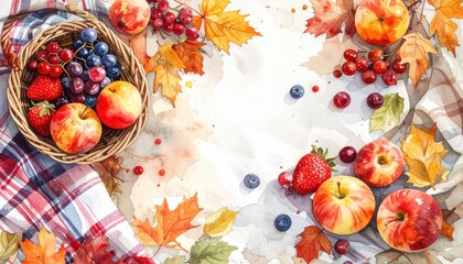 Basket of autumn fruits with apples berries and colorful leaves perfect for fall harvest celebrations seasonal design and thanksgiving visuals