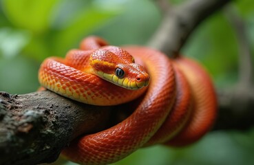 Fototapeta premium Orange corn snake coiled on tree branch. Reptile has bright scales and yellow markings. Wildlife closeup in natural green foliage. Animal is non-venomous and popular pet.