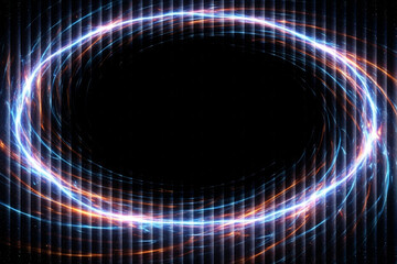 Swirling Neon Light Trails Forming an Oval Portal Against a Dark Background with Vertical Lines