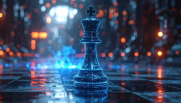 Digital glowing chess king on futuristic board represents strategy, leadership, artificial intelligence, decision making, technology progress and power of planning