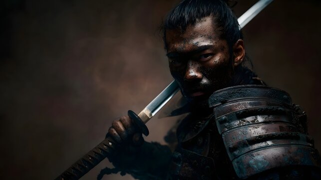 A determined samurai warrior covered in dirt and wearing traditional armor grips a katana embodying fierce readiness for combat