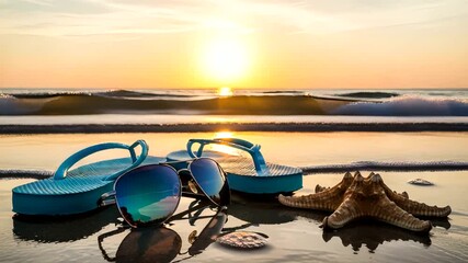 Colorful flip-flops and sunglasses on a serene beach at sunset (1) - Powered by Adobe