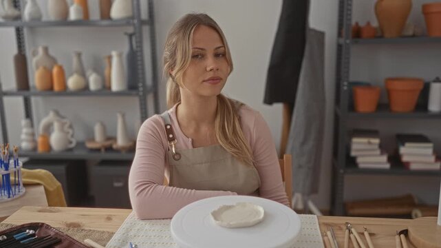 Woman shapes clay disc on spinning wheel inside ceramics studio lined with pottery tools; creativity focus craftsmanship concentration. - Powered by Adobe