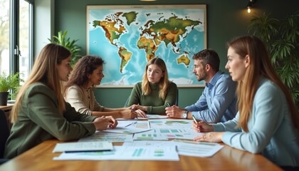 Group of diverse people in meeting analyze charts and data. World map backdrop suggests global business strategy and eco initiatives. Team discusses climate action plans.