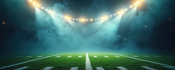 Empty American football field with stadium lights shining through mist. The green turf is marked with white lines under dramatic evening sky.
