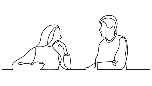 continuous line drawing of conversation of young couple of man and woman sitting talking