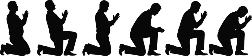 Spiritual prayer silhouette, kneeling man meditating, Islamic devotion posture, religious worship sequence, black figure on white background, peaceful moment