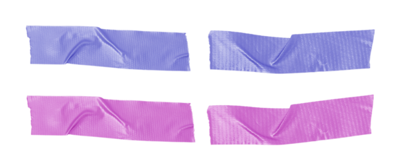 Set of colorful adhesive tape pieces, pink and purple duct tape strips with wrinkled texture isolated on a white background