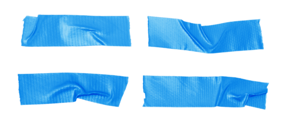 Set of blue Duct Tape Pieces Isolated on a transparent Background, blue cut out adhesive dirty tape strip or label with texture wrinkles on transparent or white background.	