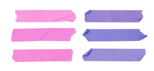 Set of colorful adhesive tape pieces, pink and purple duct tape strips with wrinkled texture isolated on a white background	