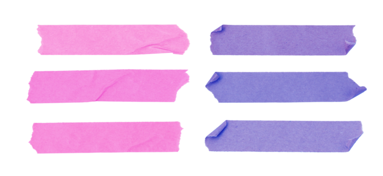 Set of colorful adhesive tape pieces, pink and purple duct tape strips with wrinkled texture isolated on a white background	