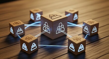 Wooden blocks with glowing people icons connected by digital lines on a wooden table, representing networking, communication, teamwork, digital connectivity, and organizational structure in business.
