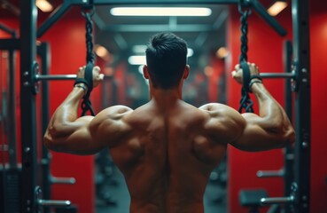 Man trains back muscles using lat pulldown machine in modern gym. Muscular bodybuilder pulls bar down for strength building exercise. Athlete works out hard indoors.