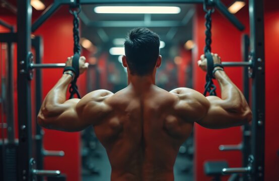 Man trains back muscles using lat pulldown machine in modern gym. Muscular bodybuilder pulls bar down for strength building exercise. Athlete works out hard indoors. - Powered by Adobe
