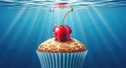 Submerged Cupcake Sweet Treat Aquatic Dessert Underwater Pastry Bubble Marine Life Deepwater Confectionery Artistic Bakery Still Life Glazed Frosting