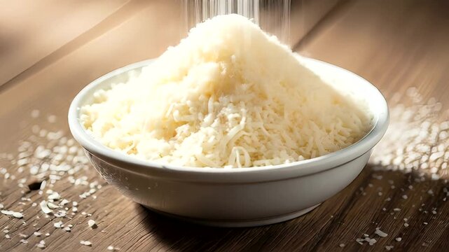 A close-up of freshly grated cheese in a bowl on a rustic wooden table