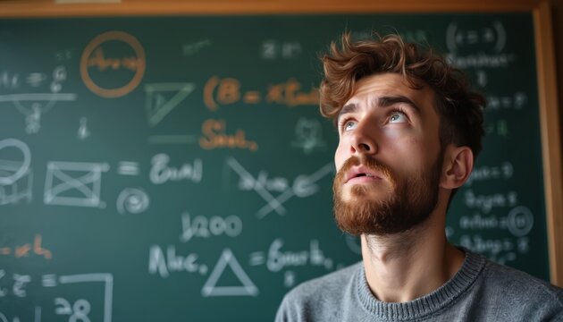 Young man with beard, confused expression stands in front of blackboard full of complex mathematical equations, diagrams. Thinks deeply about problem solving. Classroom setting with green chalkboard.