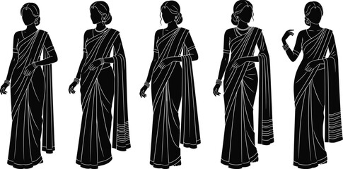 Saree, silhouette, Indian women, traditional fashion, black figure, draping style, elegance, pose, cultural attire, illustration, concept, gesture, sequence, pleats, bangles, low bun, profile