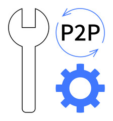 Wrench, gear, and circular arrows surrounding P2P, conveying repair, collaboration, and system efficiency. Ideal for technical support, automation, teamwork troubleshooting innovation