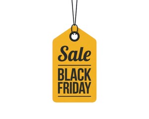 A yellow tag hanging with black string displaying the words sale black friday on a white background