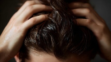 Naklejka premium Close up of hands massaging wet dark hair focusing on scalp care and hair treatment