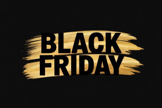 Black friday text on gold brush stroke against a solid black background for promotional material