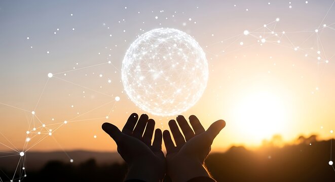 Hands holding a glowing digital sphere with network connections at sunset globe