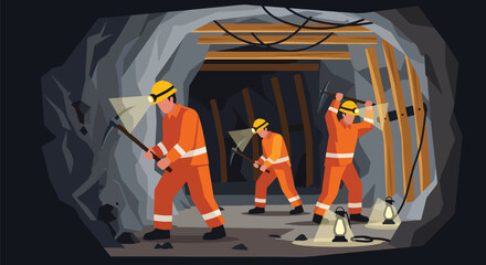 Flat vector of underground miners wearing helmets and safety suits working with lamps and tools in tunnel, teamwork and industry concept