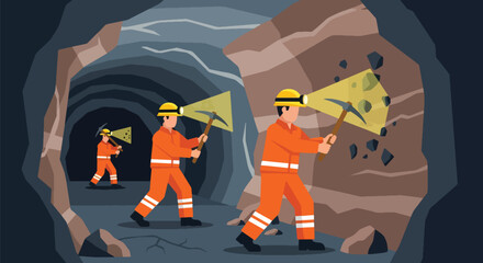 Flat vector of underground miners wearing helmets and safety suits working with lamps and tools in tunnel, teamwork and industry concept