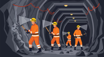 Flat vector of underground miners wearing helmets and safety suits working with lamps and tools in tunnel, teamwork and industry concept