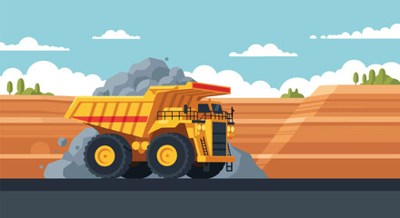 Flat vector of large mining dump truck transporting rocks from open-pit quarry, heavy industry and mineral extraction concept © meeblues