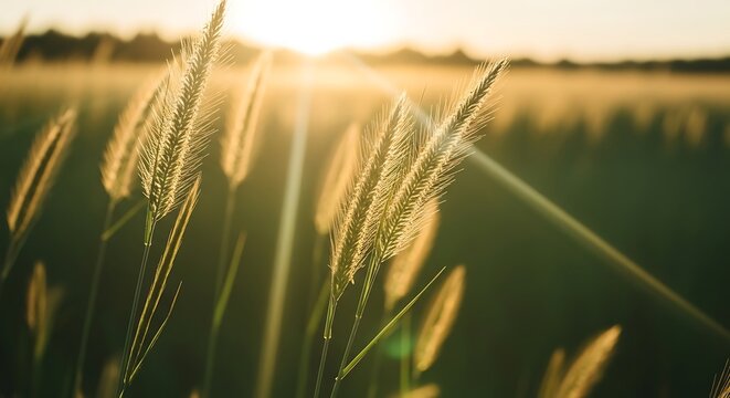 Golden wheat field at sunset with sun flares and lens flare grass grain - Powered by Adobe
