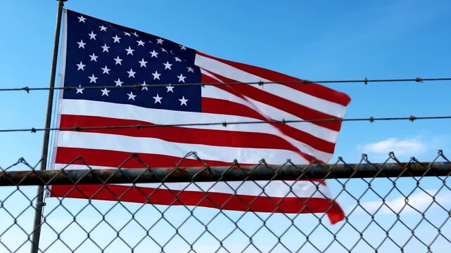 Creative video showcasing the American flag fluttering in the breeze framed by a chain link fence. Reflecting on themes of boundaries, migration, and limited liberties