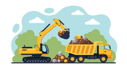 Flat vector of excavator loading rocks into truck at quarry, heavy equipment and mining production theme © meeblues