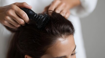 Naklejka premium Close up of a hand using a brush applicator on a person s hair and scalp for treatment