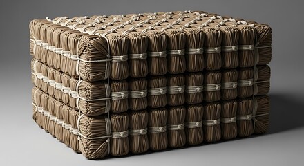 A meticulously stacked and bound bale of dried herbs or leaves, showcasing traditional packaging techniques and organic textures.