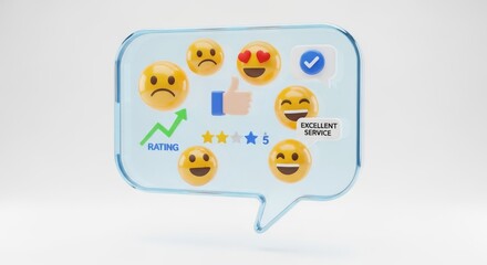 Speech bubble with various emojis, rating stars, thumbs up, and excellent service tag, symbolizing customer feedback, service review, and user experience in digital communication and social media.

