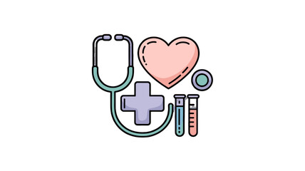 A medical illustration featuring a stethoscope, heart, cross, and test tubes.