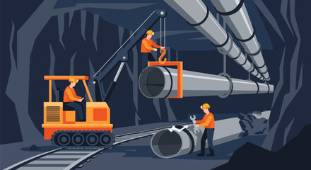 Flat vector of miners installing ventilation system underground, teamwork and engineering safety operation